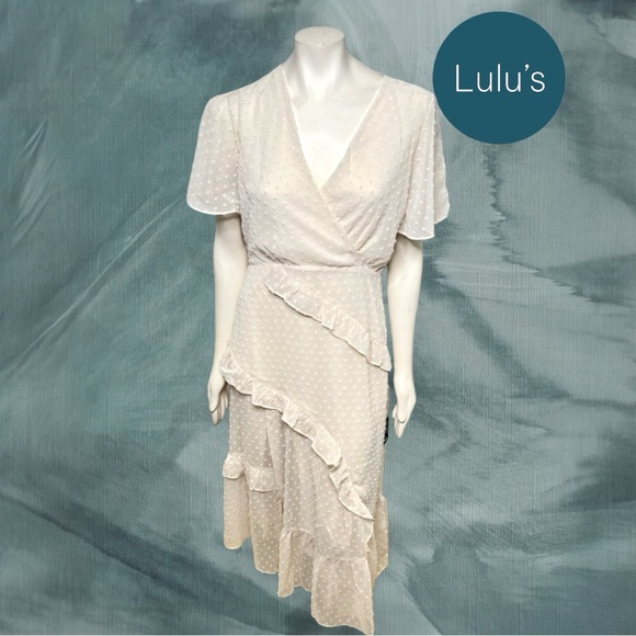 Lulus | Swiss Dot Ruffled Midi Dress in Cream NWT Style: Next to You - Picture 8 of 10